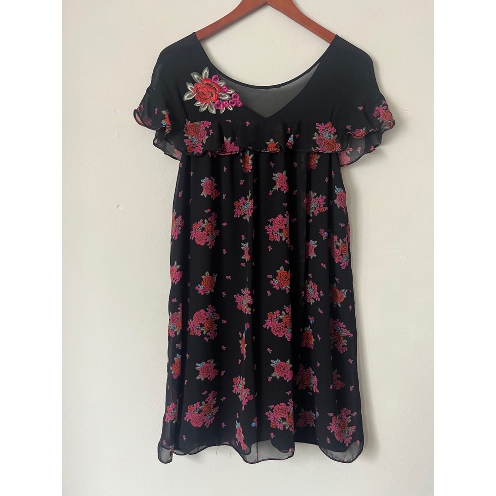 Max Edition Black Floral Rose Print Ruffle Chiffon Mini Dress XS dark romantic
